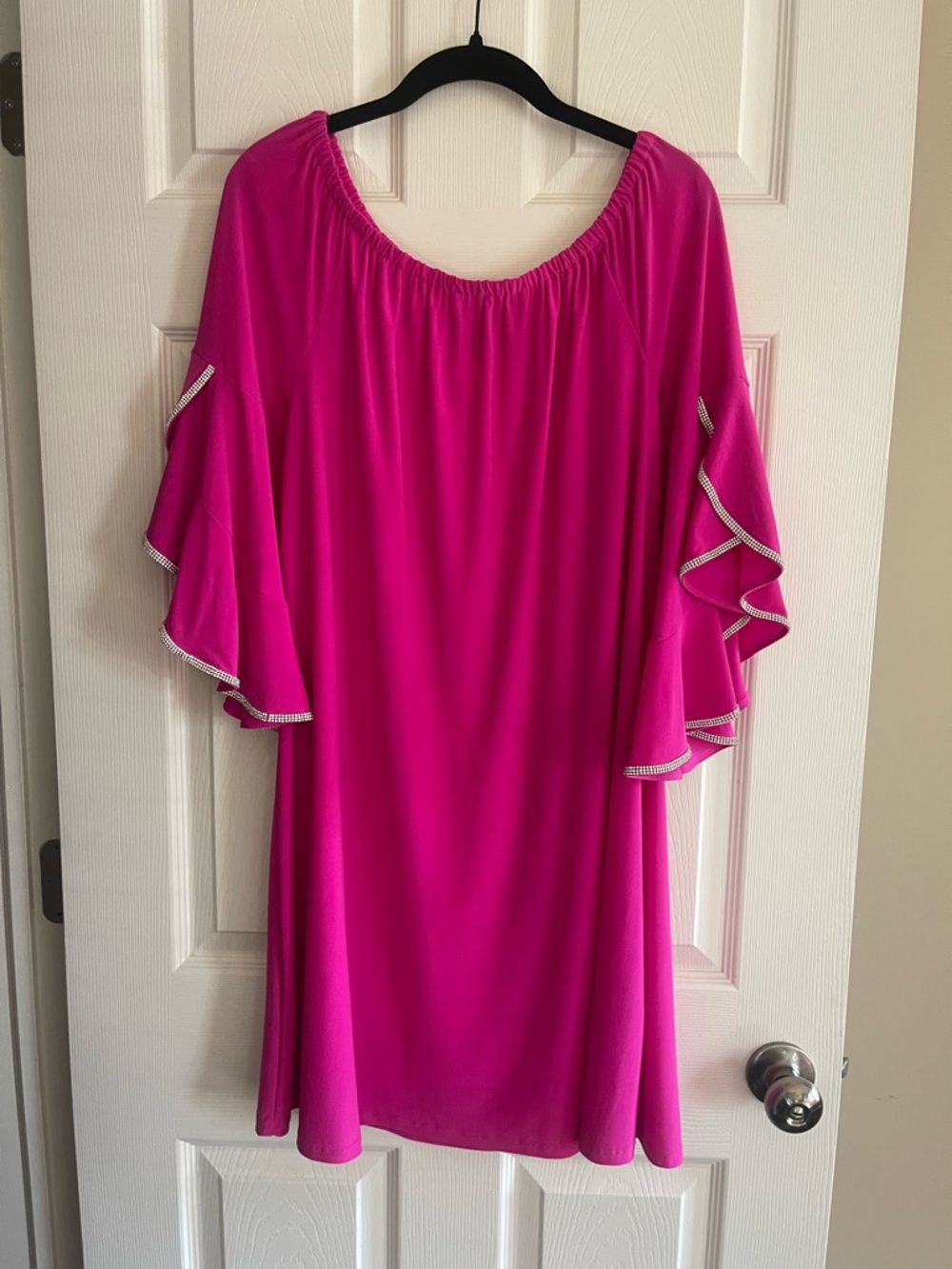 New MSK Hot Pink Women's Ruffle Rhinestone Sleeve Dress - Picture 4 of 6